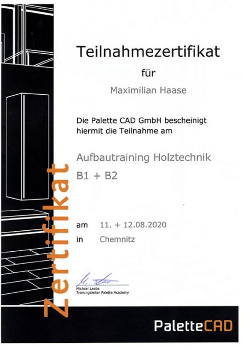 Teilnahmezertifikat Aufbautraining Holztechnik